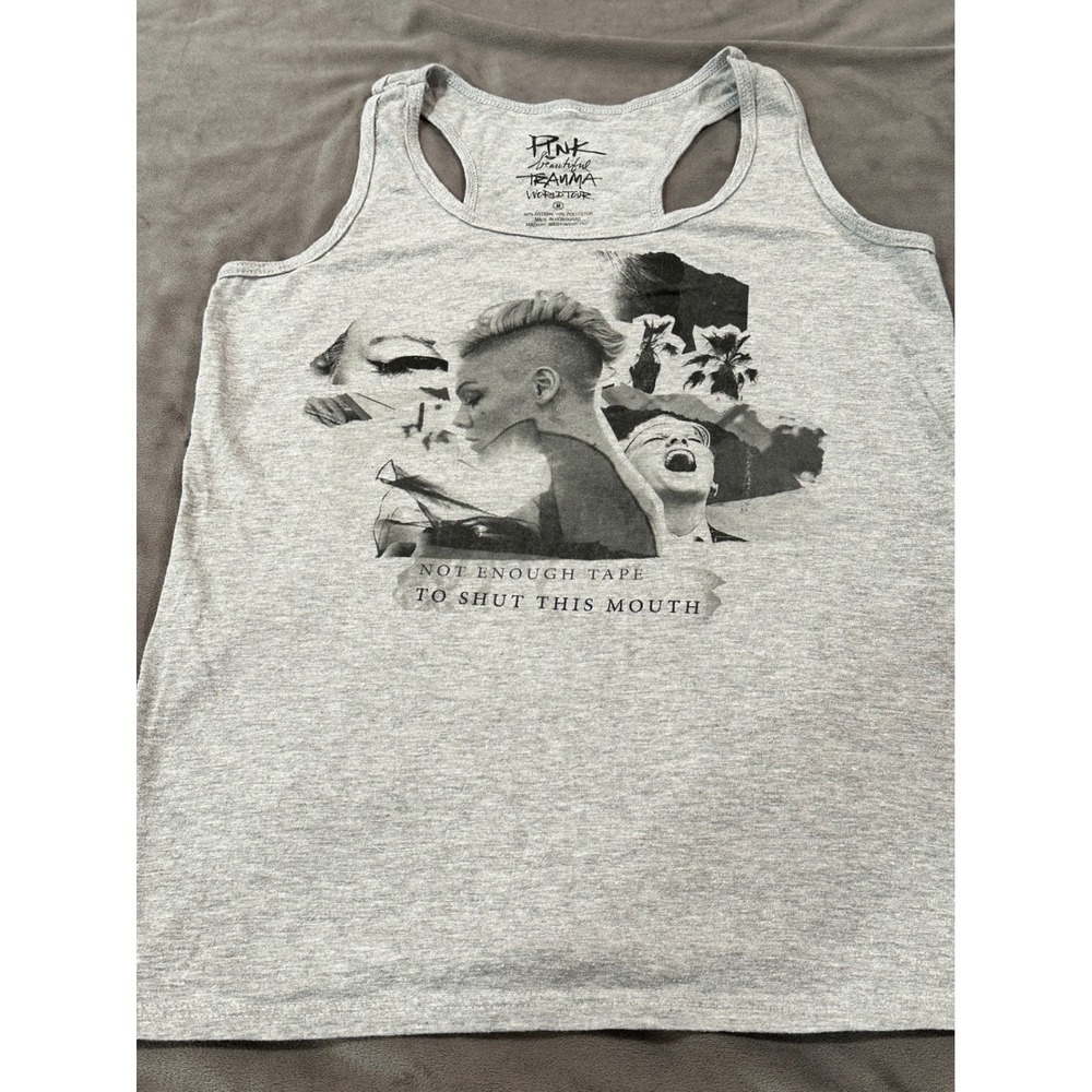 Pink Beautiful Trauma World Tour Tank Top Gray Graphic Racerback Size M